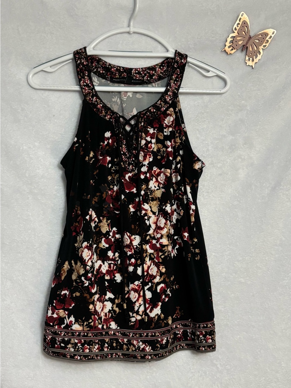 White House Black Market Floral Lace Up Tank Top Blouse Burgundy & Cream Size XS